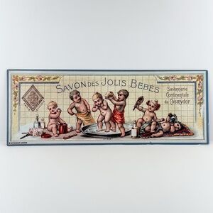 Vintage French Advertising Tin Sign Savon des Jolis Bébés Soap Babies Wall Art